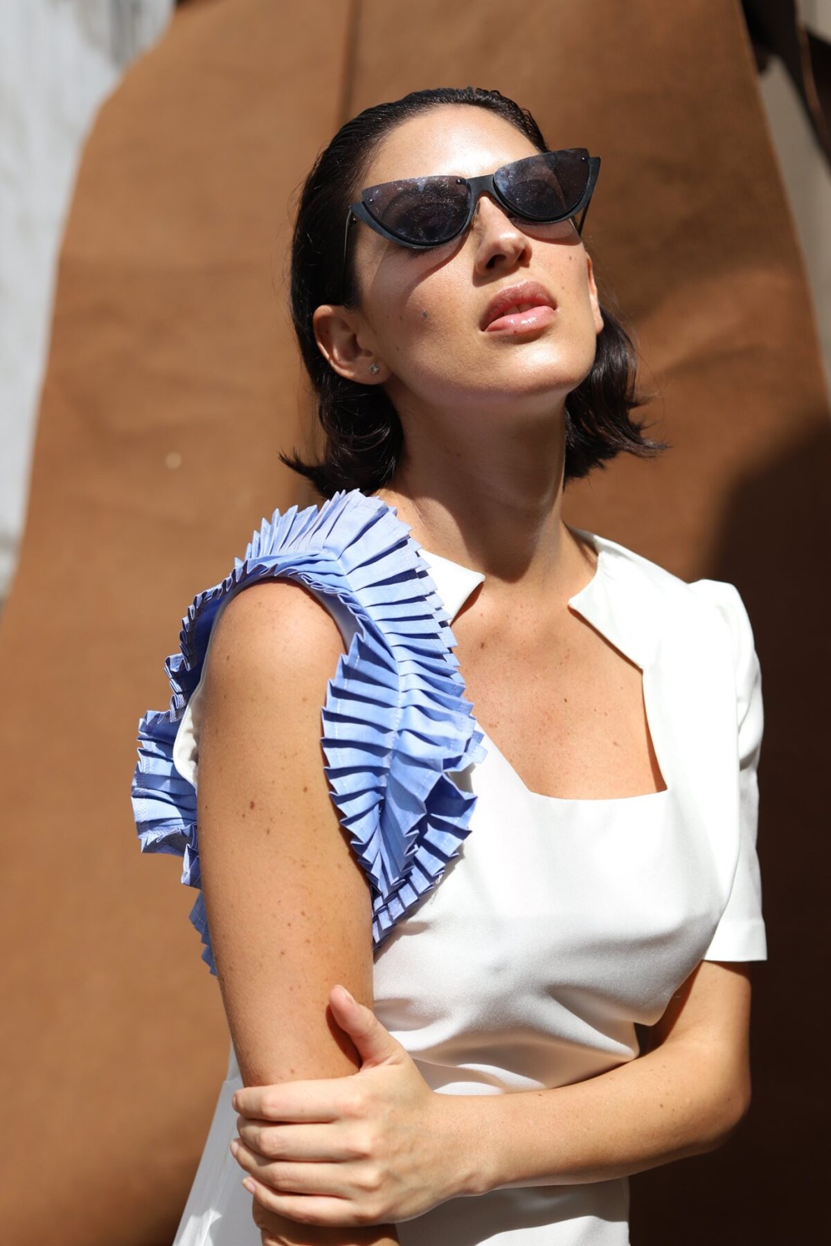 Vestido Isabel con Plisados Ivory y celeste - Imagen 3