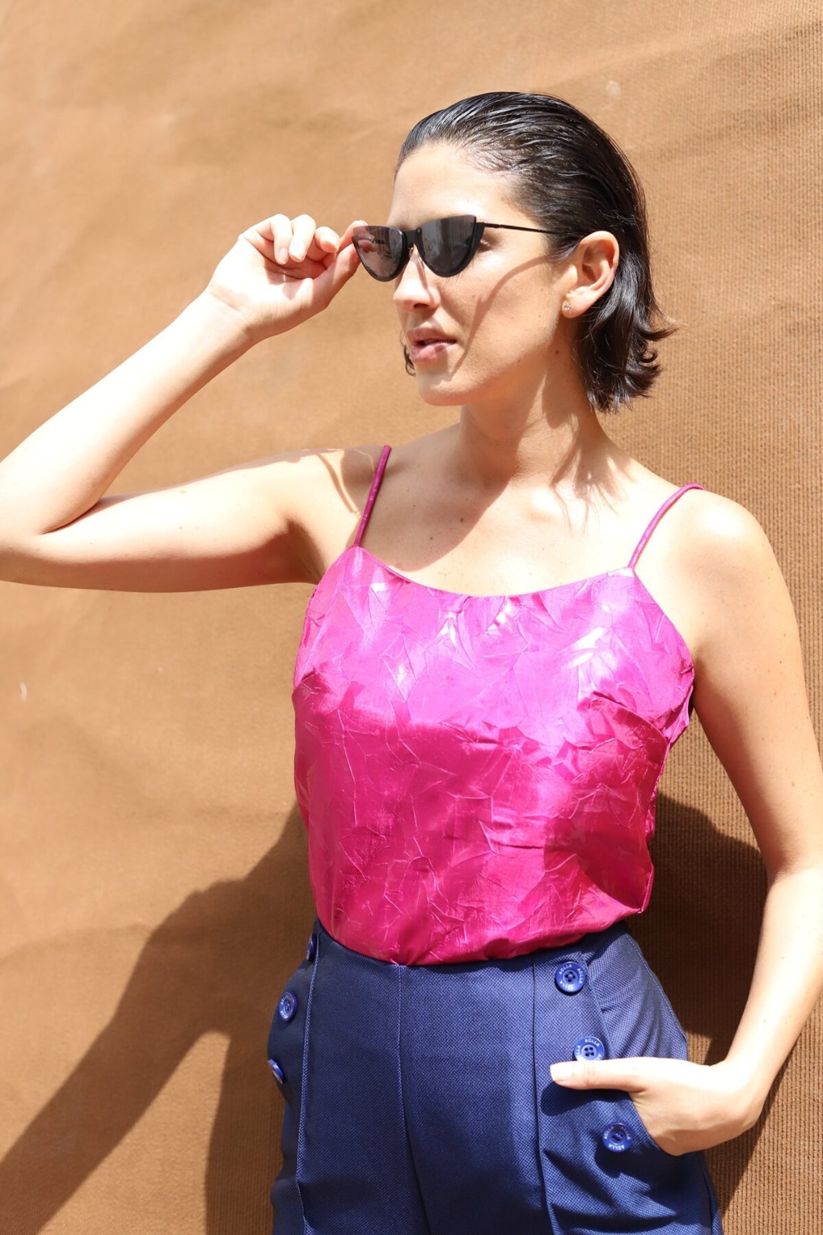 Top de Tafeta Brocada Fucsia
